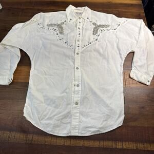 Vintage Freego Womens Small White Western Beaded Shirt Button Down Long Sleeve